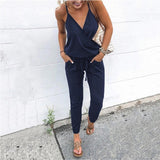 Summer Women Holiday Casual Sleeveless Jumpsuits Fashion Ladies Solid Color Bodysuit Wide Leg Loose Long Pants Trousers