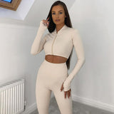 2022  Winter Women 2 Two Piece Set Long Sleeve Crop Tops Tshirt Leggings Pants Set Bodycon Sport Fitness Tracksuit - Bjlxn