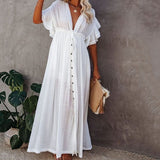 TEELYNN Sexy Deep V Neck Maxi Dress women Backless White Cotton Boho dresses Summer Ruffles 2020 Casual beach Bikini Cover Up - Bjlxn