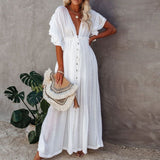 Sexy Deep V Neck Maxi Dress women Backless White Cotton Boho dresses Summer Ruffles Casual beach Bikini Cover Up