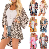 Women Floral Leopard Print Half Sleeve Shawl Chiffon Kimono Beach Cardigan Bikini Cover Up Wrap Beachwear Outdoor Anti-UV Coat - Bjlxn