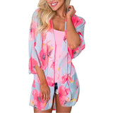 Women Floral Leopard Print Half Sleeve Shawl Chiffon Kimono Beach Cardigan Bikini Cover Up Wrap Beachwear Outdoor Anti-UV Coat - Bjlxn