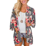 Women Floral Leopard Print Half Sleeve Shawl Chiffon Kimono Beach Cardigan Bikini Cover Up Wrap Beachwear Outdoor Anti-UV Coat - Bjlxn