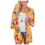 Women Floral Leopard Print Half Sleeve Shawl Chiffon Kimono Beach Cardigan Bikini Cover Up Wrap Beachwear Outdoor Anti-UV Coat - Bjlxn