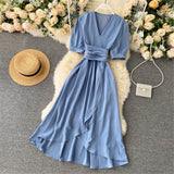 Women Summer Midi French Dress 2022  Sweet V-Neck Puff Sleeve High Waist Elegant Solid Woman Dresses Female Clothing New Year - Bjlxn