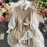 spring autumn women's lantern sleeve shirt knitted vest two piece sets of College style waistband vest two sets top UK900