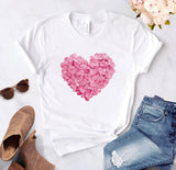 Heart flower print ladies T-shirt ladies casual basis O-collar white shirt short sleeve ladies T-shirt love graphic printing