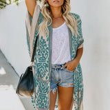 Womens Boho Printed Kimono Beach Cover Up Fashionable Summer Open Front Loose Cardigan Top With Tassel Thin Jumper Tops Holiday - Bjlxn