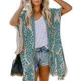 Womens Boho Printed Kimono Beach Cover Up Fashionable Summer Open Front Loose Cardigan Top With Tassel Thin Jumper Tops Holiday - Bjlxn