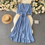 Women Summer Midi French Dress 2022  Sweet V-Neck Puff Sleeve High Waist Elegant Solid Woman Dresses Female Clothing New Year - Bjlxn