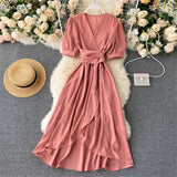 Women Summer Midi French Dress 2022  Sweet V-Neck Puff Sleeve High Waist Elegant Solid Woman Dresses Female Clothing New Year - Bjlxn