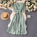 Women Summer Midi French Dress 2022  Sweet V-Neck Puff Sleeve High Waist Elegant Solid Woman Dresses Female Clothing New Year - Bjlxn