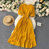 Women Summer Midi French Dress 2022  Sweet V-Neck Puff Sleeve High Waist Elegant Solid Woman Dresses Female Clothing New Year - Bjlxn