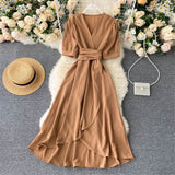 Women Summer Midi French Dress 2022  Sweet V-Neck Puff Sleeve High Waist Elegant Solid Woman Dresses Female Clothing New Year - Bjlxn