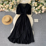 Women Summer Midi French Dress 2022  Sweet V-Neck Puff Sleeve High Waist Elegant Solid Woman Dresses Female Clothing New Year - Bjlxn