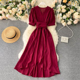 Women Summer Midi French Dress 2022  Sweet V-Neck Puff Sleeve High Waist Elegant Solid Woman Dresses Female Clothing New Year - Bjlxn