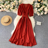 Women Summer Midi French Dress 2022  Sweet V-Neck Puff Sleeve High Waist Elegant Solid Woman Dresses Female Clothing New Year - Bjlxn