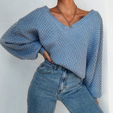 2023 Pullovers Women Autumn Winter Sweaters Solid V-Neck Loose Casual Daily Basic Womens Knitted Basic Chic Long Sleeve Sweater