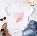 Heart flower print ladies T-shirt ladies casual basis O-collar white shirt short sleeve ladies T-shirt love graphic printing