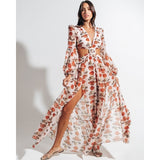 Beach Dress Summer Print Swimwear Women Sexy Cover Up Solid Long Tunic Bubble Sleeve Swimsuit With Belt Bathing Suit