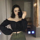 Womens Off Shoulder Top Long Sleeve Ruffle Vintage Blouse With Puff Sleeves Lace Up Ladies Tops Bandage Crop Tops Black White - Bjlxn