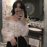 Womens Off Shoulder Top Long Sleeve Ruffle Vintage Blouse With Puff Sleeves Lace Up Ladies Tops Bandage Crop Tops Black White - Bjlxn