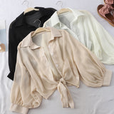 Sleeve Chiffon Shirts Women Summer Transparent  Buttoned Up Shirt Top Tied Waist Elegant Women Blouses Cropped