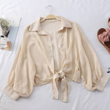 Sleeve Chiffon Shirts Women Summer Transparent  Buttoned Up Shirt Top Tied Waist Elegant Women Blouses Cropped