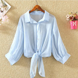 Sleeve Chiffon Shirts Women Summer Transparent  Buttoned Up Shirt Top Tied Waist Elegant Women Blouses Cropped