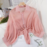 Sleeve Chiffon Shirts Women Summer Transparent  Buttoned Up Shirt Top Tied Waist Elegant Women Blouses Cropped