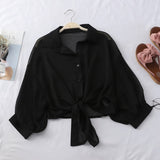 Sleeve Chiffon Shirts Women Summer Transparent  Buttoned Up Shirt Top Tied Waist Elegant Women Blouses Cropped