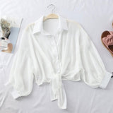 Sleeve Chiffon Shirts Women Summer Transparent  Buttoned Up Shirt Top Tied Waist Elegant Women Blouses Cropped