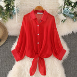 Sleeve Chiffon Shirts Women Summer Transparent  Buttoned Up Shirt Top Tied Waist Elegant Women Blouses Cropped