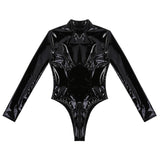 Women Femme Clubwear Sexy Bodysuit Wetlook Patent Leather High Collar Long Sleeves Double Zipper Leotard Bodysuit Nightwear