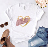 Heart flower print ladies T-shirt ladies casual basis O-collar white shirt short sleeve ladies T-shirt love graphic printing