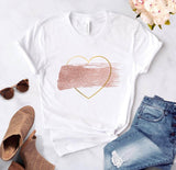 Heart flower print ladies T-shirt ladies casual basis O-collar white shirt short sleeve ladies T-shirt love graphic printing