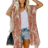 Womens Boho Printed Kimono Beach Cover Up Fashionable Summer Open Front Loose Cardigan Top With Tassel Thin Jumper Tops Holiday - Bjlxn