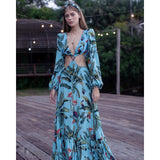 Beach Dress Summer Print Swimwear Women Sexy Cover Up Solid Long Tunic Bubble Sleeve Swimsuit With Belt Bathing Suit