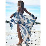 Beach Dress Summer Print Swimwear Women Sexy Cover Up Solid Long Tunic Bubble Sleeve Swimsuit With Belt Bathing Suit