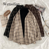 Women Shirt Plaid Female Oversize Blouse Korean Style Long Sleeves Collared Shirt Tops Casual Outwear Vintage Black Femme Blusas