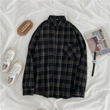 Women Shirt Plaid Female Oversize Blouse Korean Style Long Sleeves Collared Shirt Tops Casual Outwear Vintage Black Femme Blusas