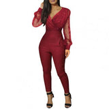 Women Jumpsuit Black Elegant Sequins Glitter Party Night Sexy Bodysuits Deep V Neck Mesh Long Sleeve Jumpsuit One Piece Overall