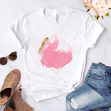 Heart flower print ladies T-shirt ladies casual basis O-collar white shirt short sleeve ladies T-shirt love graphic printing