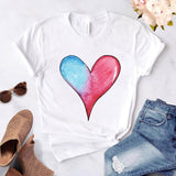 Heart flower print ladies T-shirt ladies casual basis O-collar white shirt short sleeve ladies T-shirt love graphic printing