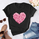 Heart flower print ladies T-shirt ladies casual basis O-collar white shirt short sleeve ladies T-shirt love graphic printing