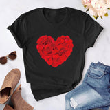 Heart flower print ladies T-shirt ladies casual basis O-collar white shirt short sleeve ladies T-shirt love graphic printing