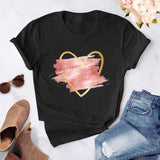 Heart flower print ladies T-shirt ladies casual basis O-collar white shirt short sleeve ladies T-shirt love graphic printing