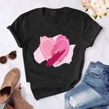 Heart flower print ladies T-shirt ladies casual basis O-collar white shirt short sleeve ladies T-shirt love graphic printing